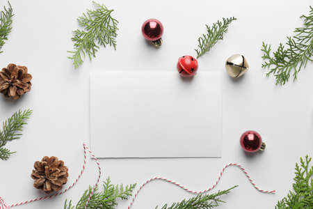 Beautiful Christmas composition with blank card on white background