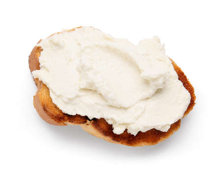 Bread with tasty cream cheese on white backgroundの写真素材