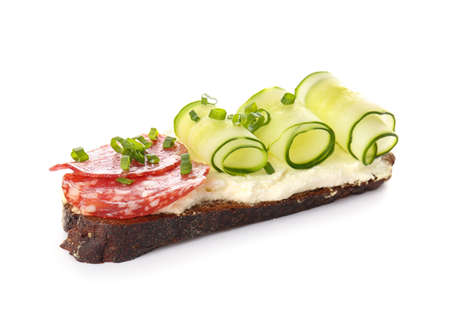 Sandwich with tasty cream cheese on white backgroundの写真素材