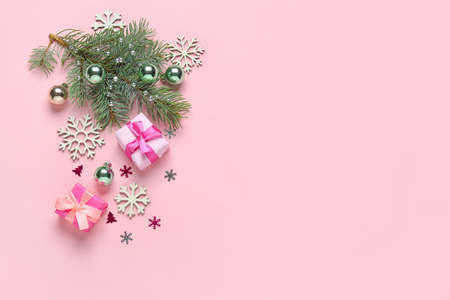 Beautiful Christmas composition on color backgroundの写真素材