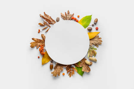 Beautiful autumn composition with empty card on white backgroundの写真素材