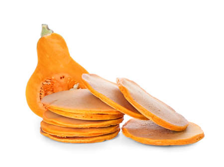 Tasty pumpkin pancakes on white backgroundの写真素材