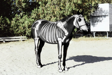 Cute horse painted as skeleton outdoorsの写真素材