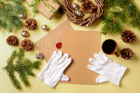 Blank paper for letter to Santa and Christmas decor on color backgroundの写真素材