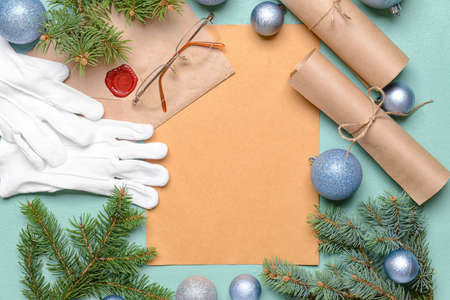Blank paper for letter to Santa and Christmas decor on color background