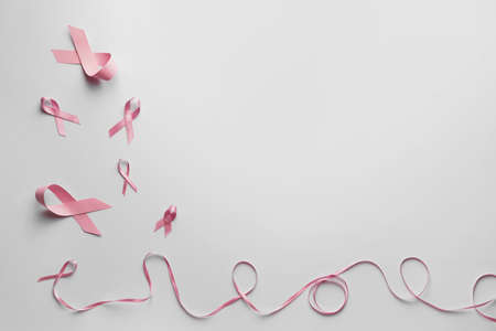 Pink ribbons on white background. Breast cancer awareness conceptの写真素材