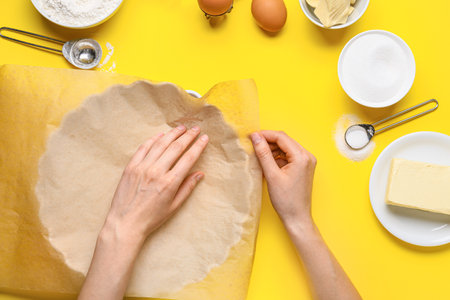 Woman preparing bakery on table, top viewの写真素材
