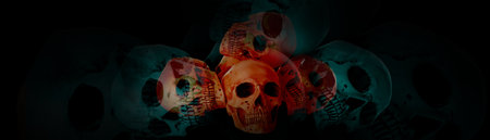 Multiple exposure of human skulls on black background. Halloween celebrationの写真素材