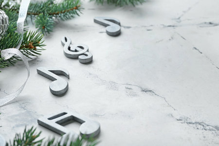 Note signs and Christmas tree branches on light background