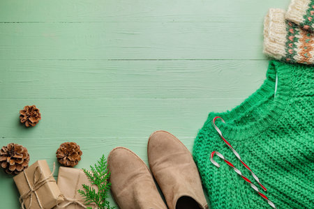 Christmas composition with stylish clothes and accessories on color wooden backgroundの写真素材