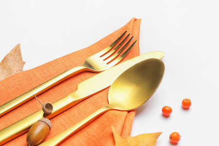 Beautiful table setting with autumn decor on white background