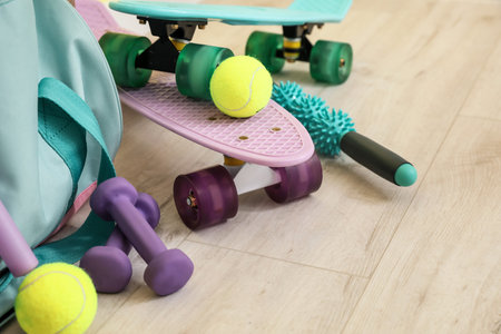 Set of sport equipment on floorの写真素材