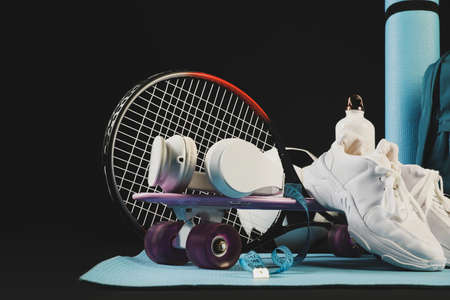 Set of sport equipment on dark backgroundの写真素材