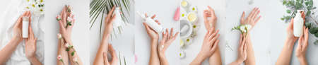 Female hands with natural cosmetic products on light background