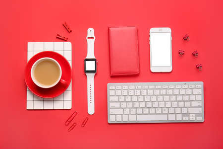 Composition with different modern devices on color background