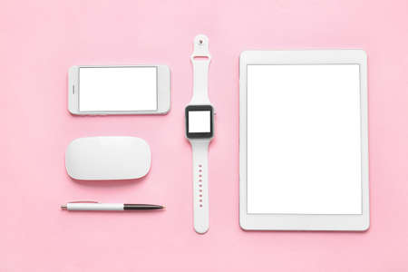 Composition with different modern devices on color backgroundの写真素材