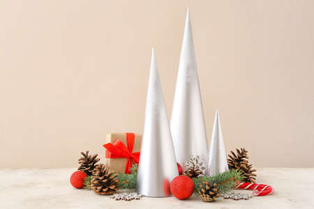 Beautiful Christmas decorations on color backgroundの写真素材