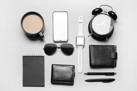 Composition with different modern devices on light backgroundの写真素材