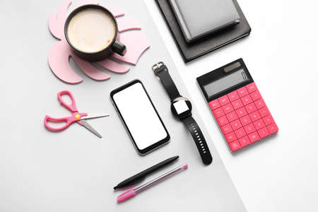 Composition with different modern devices on light background