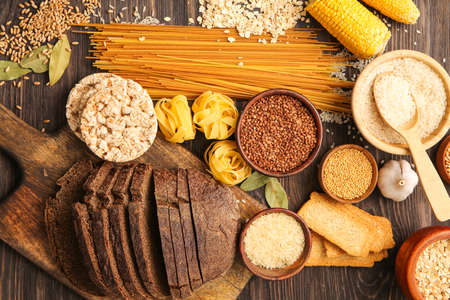 Set of different products on wooden background, closeupの写真素材