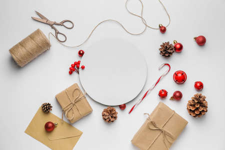 Beautiful Christmas composition with blank card on white background