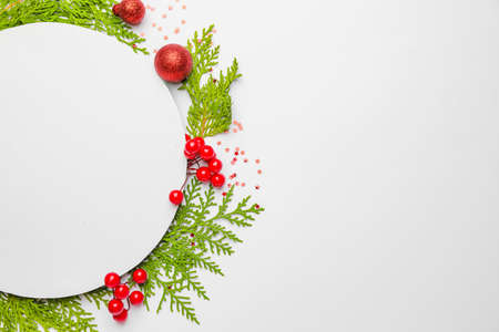 Beautiful Christmas composition with blank card on white backgroundの写真素材