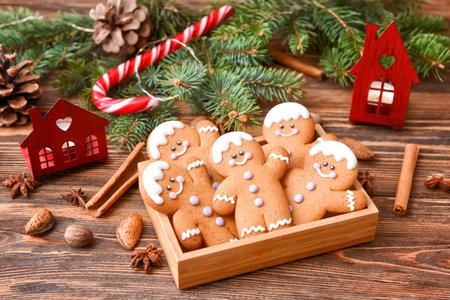 Christmas composition with gingerbread cookies on wooden background