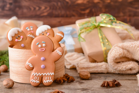 Box with tasty gingerbread cookies on table