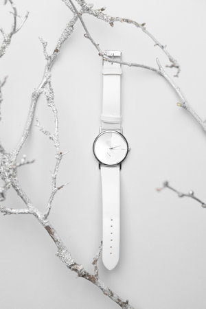 Wrist watch with tree branches on white background