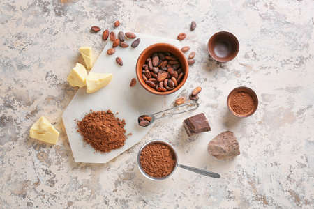 Cacao powder with beans, butter and chocolate on gray backgroundの写真素材