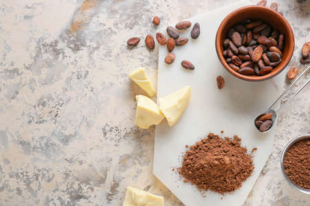 Cacao powder with beans and butter on gray backgroundの写真素材