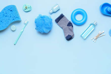 Set of bath accessories for baby on color backgroundの写真素材