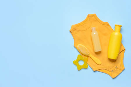 Set of bath accessories for baby on color backgroundの写真素材