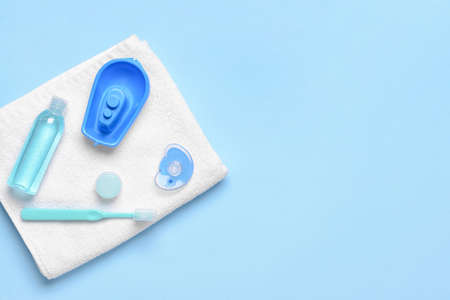 Bath accessories for baby on color backgroundの写真素材