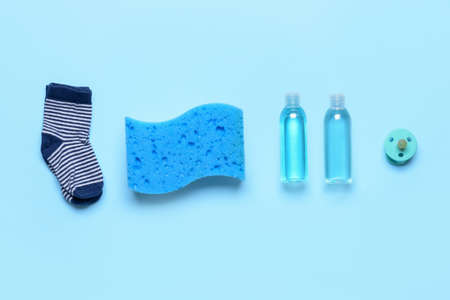 Set of bath accessories for baby on color backgroundの写真素材