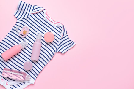 Set of bath accessories for baby on color backgroundの写真素材