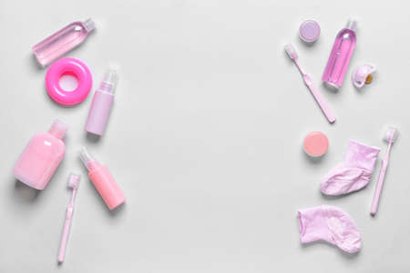 Set of bath accessories for baby on light backgroundの写真素材