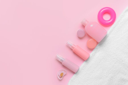 Set of bath accessories for baby on color backgroundの写真素材