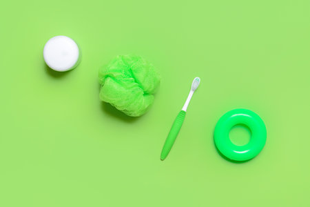 Set of bath accessories for baby on color backgroundの写真素材