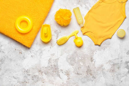 Set of bath accessories for baby on light backgroundの写真素材