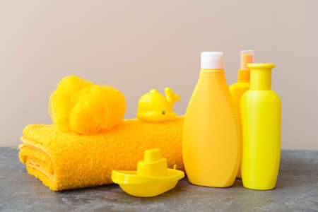 Bath accessories for children on color backgroundの写真素材