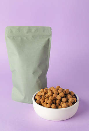 Tasty pet food on color backgroundの写真素材