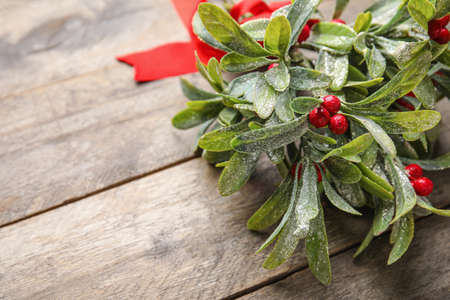 Mistletoe branch on wooden background, closeupの写真素材