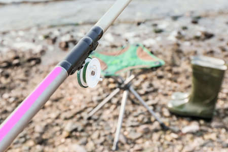 Fishing in river on summer day, closeupの写真素材