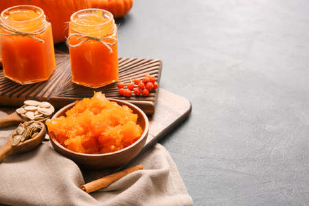 Tasty pumpkin jam on dark backgroundの写真素材