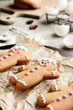 Tasty gingerbread cookies on table, closeupの写真素材