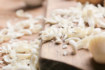 White chocolate shavings on table, closeupの写真素材