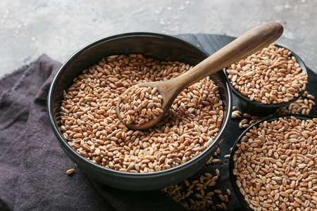 Spoon and bowl with wheat grains on gray background