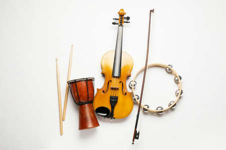 Different musical instruments on white backgroundの写真素材