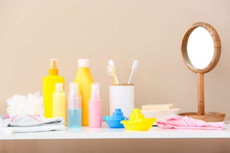 Different bath accessories on tableの写真素材